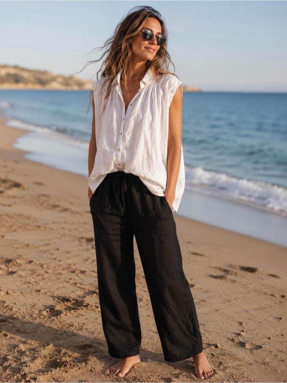 Artisan Ny 100% Linen Sleeveless Button-Front Blouse